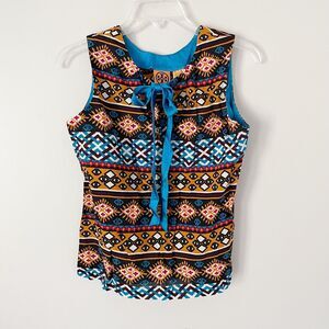 Tory Burch Size 4 Multicolor Geometric Print Wool Blend Sleeveless Neck Tie Top